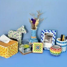 1 Set Mosaic Making Kit, 1 Base Plate & 100pcs Mosaic Tiles, Includes Circular & Square Bamboo/Wood Trays, DIY Craft Materials Suitable For Party, Holiday Making