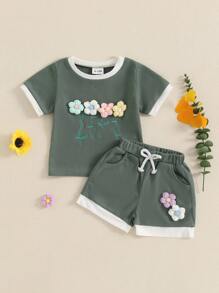 Fashion-Forward Toddler Girl Summer Waffled Clothes: 3D Flower Short Sleeve Round Neck Tops  Elastic Waist Shorts Outfit – Perfect For Birthday Parties And Gatherings - màu xanh lá - Xem 2