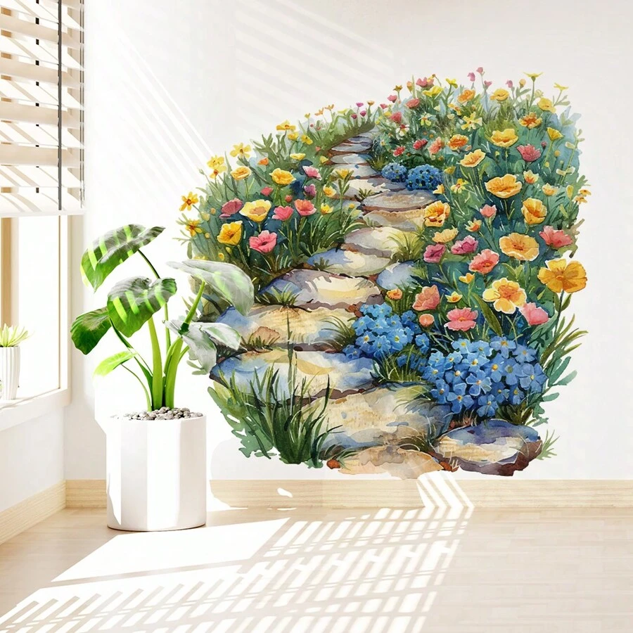 1 件乡村小路花卉墙贴，适用于卧室和客厅，清新装饰房间装饰家居装饰墙壁装饰浴室装饰卧室装饰房间装饰用品客厅装饰房屋装饰家居装饰客厅墙纸贴纸壁纸墙贴