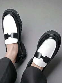 Men's Thick Sole Increased Height Platform Shoes, Tasseled Patent Leather Loafers - Black and White - View 3