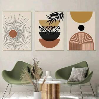 3 件装饰海报，复古抽象，波西米亚风格，几何热带棕榈叶，帆布印刷，墙壁艺术，用于客厅、卧室、浴室、办公室、厨房装饰，无框，无框架