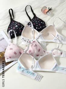 4pcs/Set Teen Girls Bear Print Triangle Cup Bras, Comfortable, Suitable For 13-16 Years Old - Multicolor - View 1