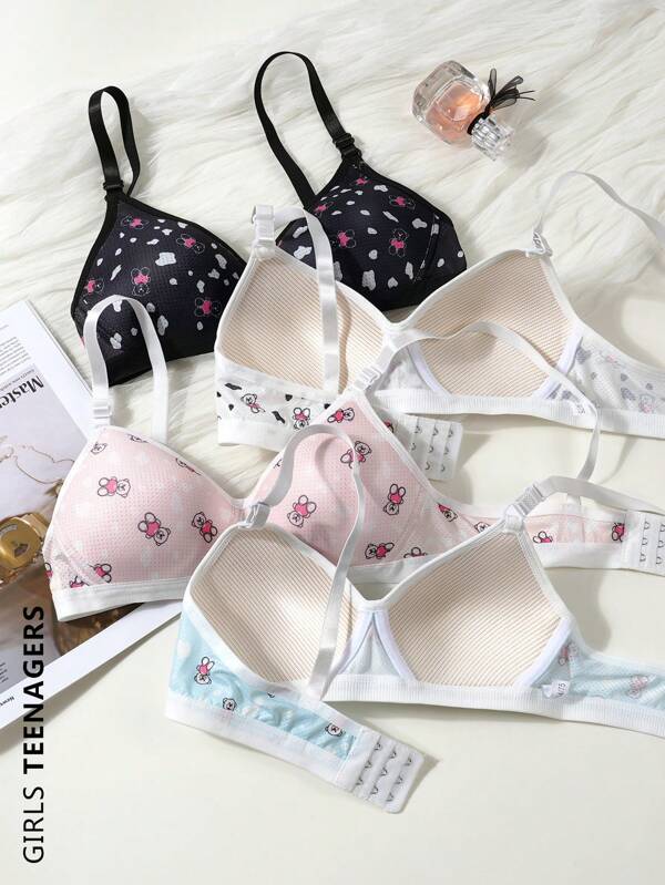4PCS Girls Teenagers Bear Print Bra, Girls Triangle Cup Bra, Comfortable And Breathable, Suitable For 13Y-16Y