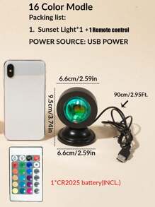 1 Pc USB Powered 16-Color Adjustable Sunset Red Projection Lamp With Remote Control, Indoor Decor Sunset Lighting, Bedroom Ambiance Light - Multicolor - View 11