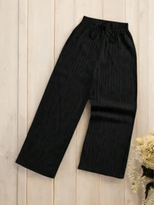 Pantalón Pierna Ancha Corrugado Suelto con Cintura Ajustable ideal para Primavera Verano.  Unicolor.  Ropa de Mujer. - Negro - Ver 3