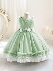 Elegantes mintgrünes Prinzessinnen Tüllkleid mit 3D Blumendekor für Kleine Mädchen, geeignet für Geburtstagsfeiern, Hochzeiten, Wettbewerbe, Tanzdarbietungen, Bühnenshows, Feierlichkeiten - Minzgrün - Übersicht 1