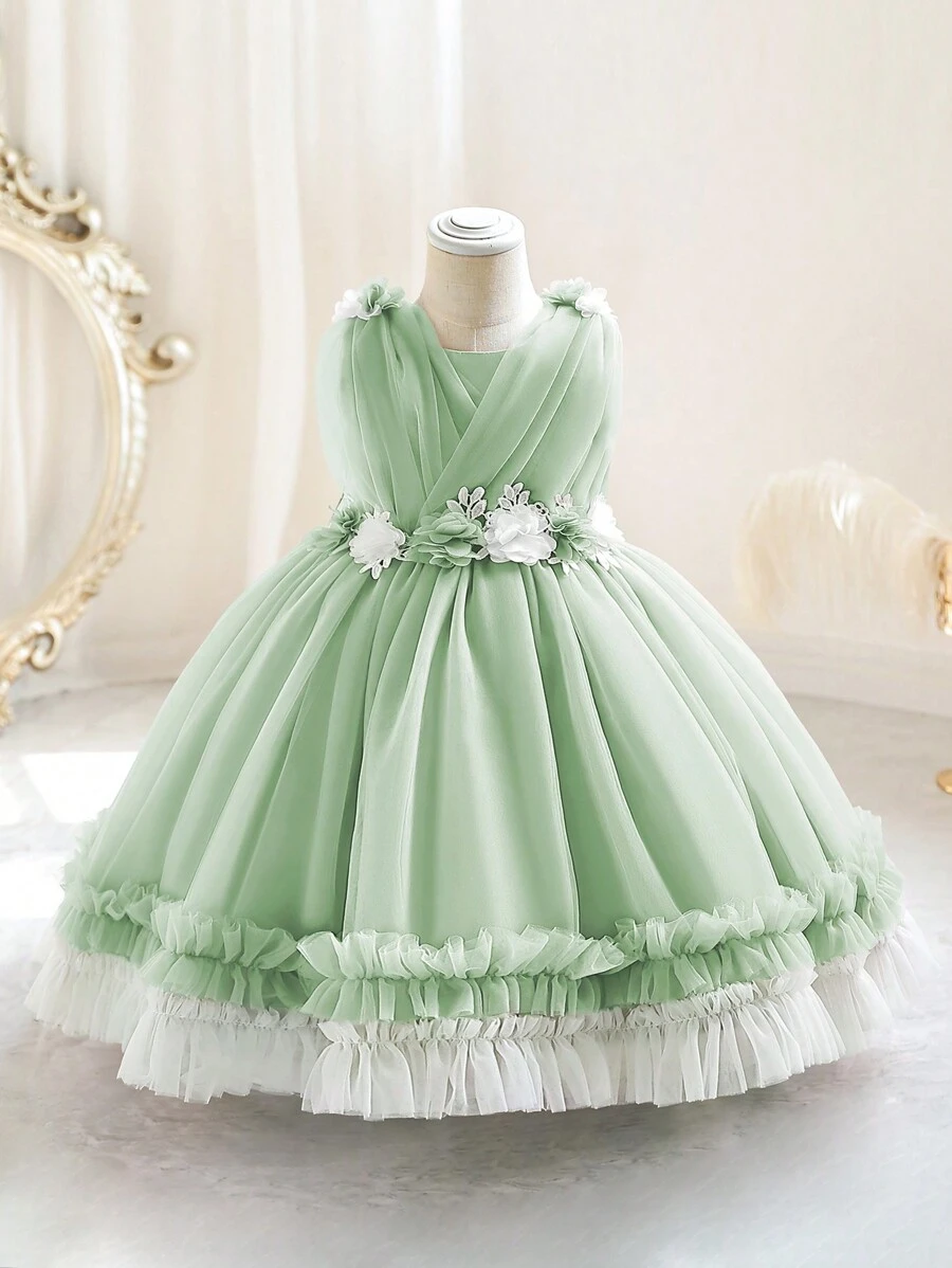 Elegantes mintgrünes Prinzessinnen Tüllkleid mit 3D Blumendekor für Kleine Mädchen, geeignet für Geburtstagsfeiern, Hochzeiten, Wettbewerbe, Tanzdarbietungen, Bühnenshows, Feierlichkeiten - Minzgrün - Übersicht 1