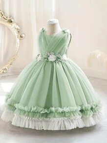 Elegantes mintgrünes Prinzessinnen Tüllkleid mit 3D Blumendekor für Kleine Mädchen, geeignet für Geburtstagsfeiern, Hochzeiten, Wettbewerbe, Tanzdarbietungen, Bühnenshows, Feierlichkeiten - Minzgrün - Übersicht 5