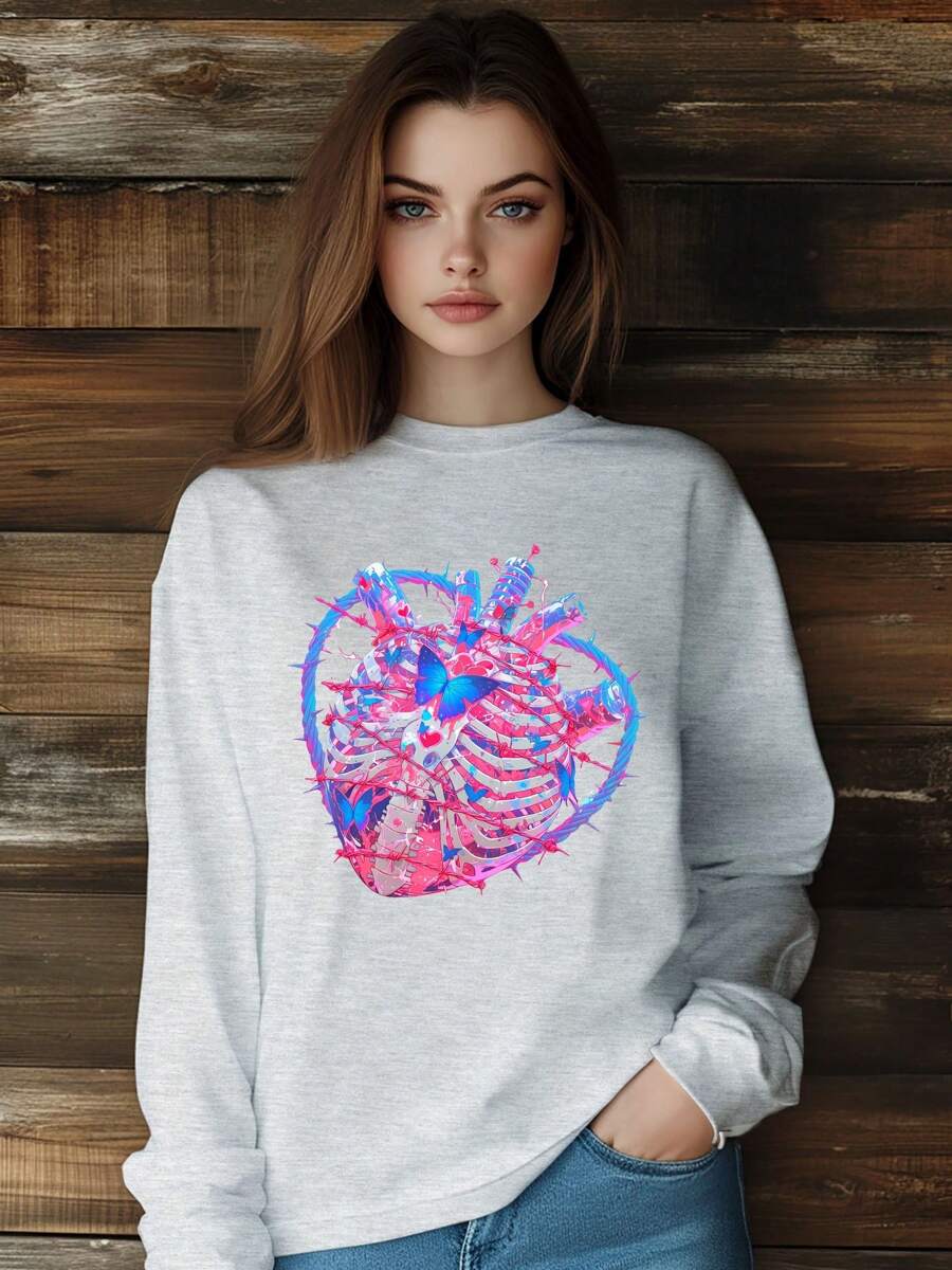 Women Valentine's Day Love Butterfly Thorns Chain Heart T-Shirt Fashion Print Long Sleeve Round-Neck Loose Fit Tops Streetwear