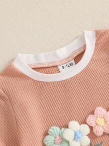 Fashion-Forward Toddler Girl Summer Waffled Clothes: 3D Flower Short Sleeve Round Neck Tops  Elastic Waist Shorts Outfit – Perfect For Birthday Parties And Gatherings - 粉色 - 查看 4