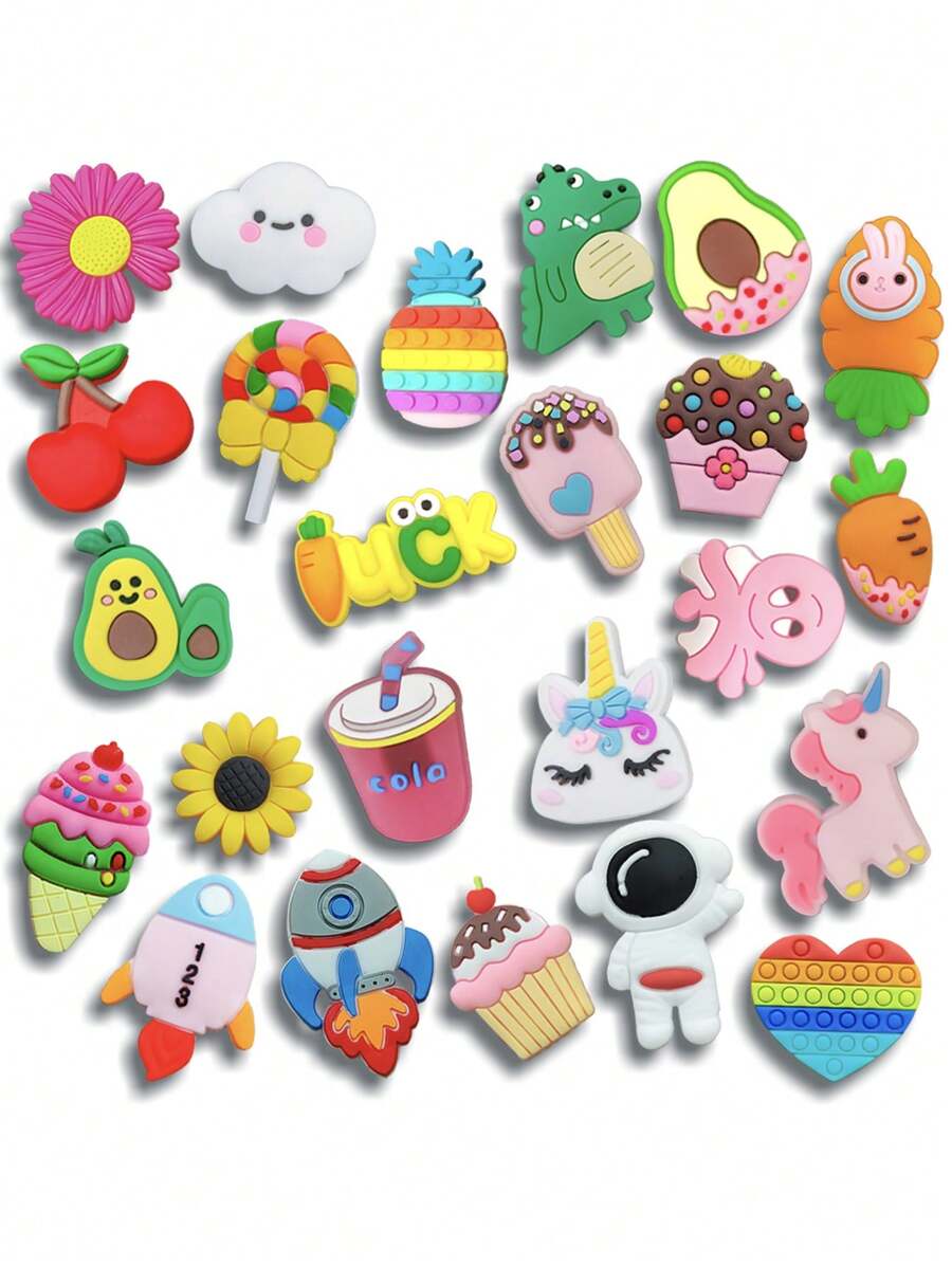 24 PCS Colorful Flower Series, Cake, Avocado, Octopus, Rabbit, Rocket, Carrot, Unicorn, Etc., Detachable, Washable, Multi-Functional Shoe Flower, Make Your Shoes "Brand New"