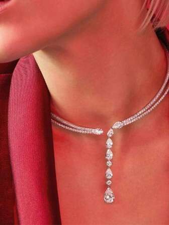 时尚奢华双圈项链 水钻项链 女士珠宝 闪亮水滴吊坠水晶项链 珠宝礼物