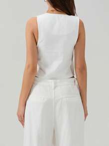 Camisetas sin mangas de mezclilla para mujer, ajustadas, con escote en V profundo y lazo frontal, de color liso, para verano - Blanco - Ver 9