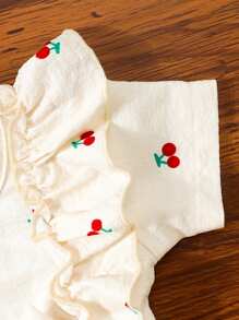 Baby Girls Ruffle Hem Cherry Print Bubble Ruche Short Sleeve Sweet Dress With Headscarf, Suitable For Outdoor Vacation, Photoshoot, Casual