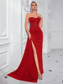 ADYCE Đầm maxi dài không dây vai, xếp ly, cổ tim, đuôi cá, xuyên thấu, xẻ cao, hở lưng, chất liệu satin, thanh lịch dành cho nữ, thích hợp cho dạ hội, đám cưới, tiệc gala, lễ hội, hẹn hò, tiệc tối trang trọng, tiệc sinh nhật, tiệc lễ hội, họp mặt gia đình, năm mới và các dịp khác. - Đỏ - Xem 8