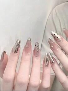 24pcs Set Diamond-Encrusted Nude Stiletto Cat Eye Polka Dot Removable Fake Simple Fashionable Versatile European-American Style Nail Tips, Featuring A Classy Design Suitable For Balls, Dates, Parties, Home And Daily Wear, Ideal Gift For Fashionable Ladies & Girls, Today's Order Includes 1 Pack Of Nail Tips And 1 Nail File