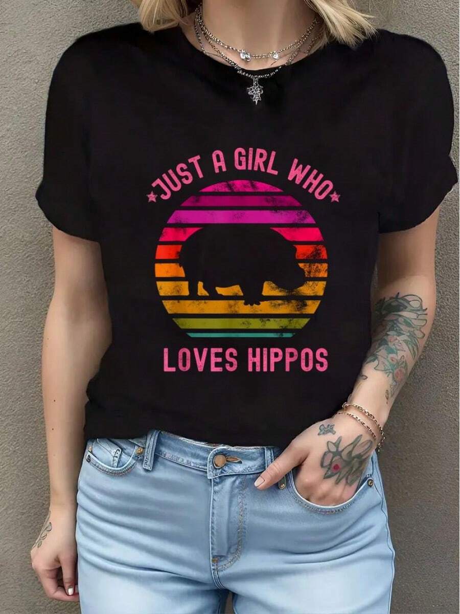 Just A Girl Who Loves Hippos Hippopotamus Animal Girls T-Shirt - 黑色 - 查看 1