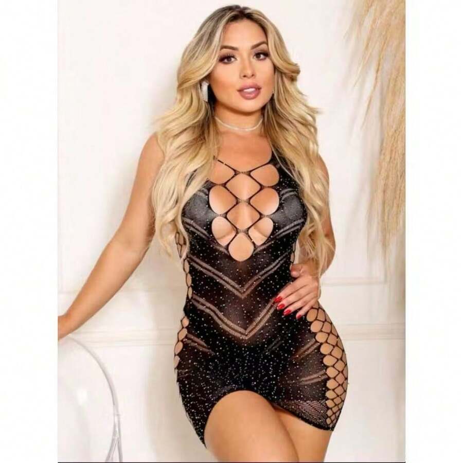 Sexy Transparent Dresses Fishnet Lingerie Rhinestone Shine ME 1007 - Black - View 1
