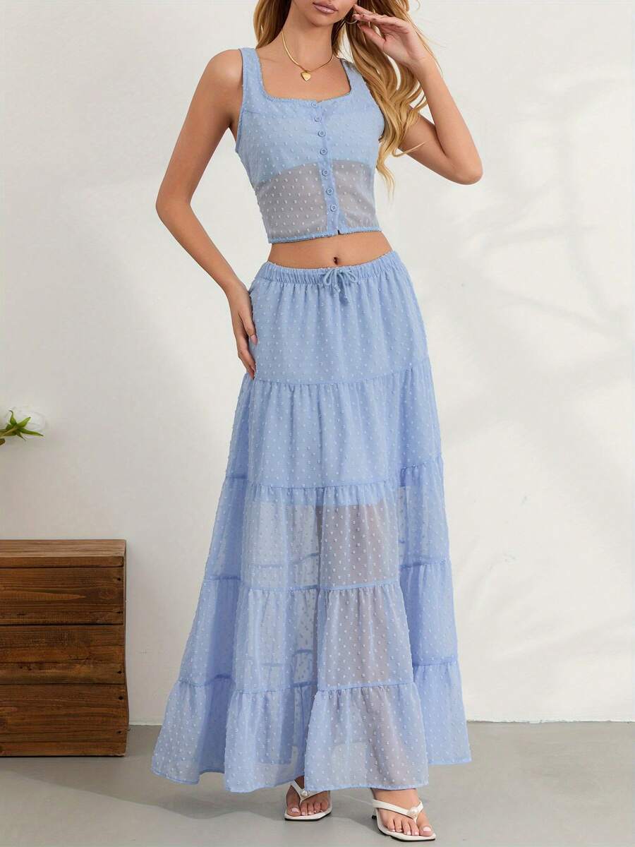 Women's Summer Outfits Solid Color Scoop Neck Tank Tops With Tiered A-Line Skirt Set Party Clothes