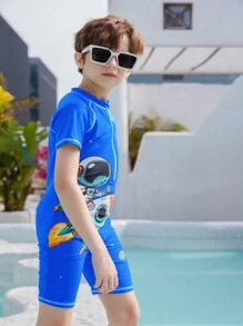 Tween Boy Astronaut & Rocket Print Zipper One-Piece Swimsuit