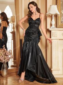 yanchunxier Women's Off-Shoulder Adjustable Strap Dress, Featuring Butterfly Sequin Satin Patchwork V-Neck, Extra Long Waist Pleated Ruched Design, Asymmetrical Hem With Shiny Mesh Ruffle, Suitable For Wedding/Party/Holiday/Cocktail