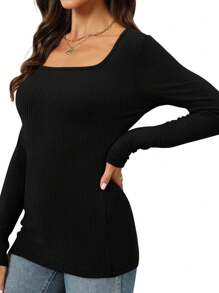 KAHULE Women's  Square Neck Shirt Long Sleeve Tees Fitted Sexy Going Out Tops - màu đen - Xem 3