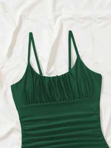 Women's Fashionable Black Slimming Concealing One-Piece Swimsuit, Solid Color With Waist Drawstring, Suitable For Beach Holiday