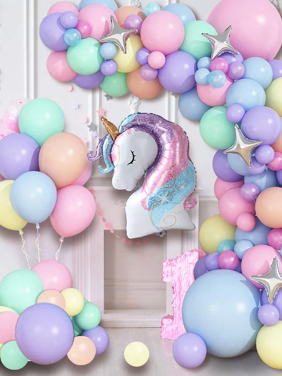 Kit de arco de guirnalda de globos con tema de unicornio de 105 piezas, que incluye globos de látex de marca rosa, azul y morada, globos de aluminio con forma de estrella y unicornio para decoración de fiestas de cumpleaños, baby showers, revelación de sexo, bodas y fiestas de unicornio, accesorios de globos decorativos