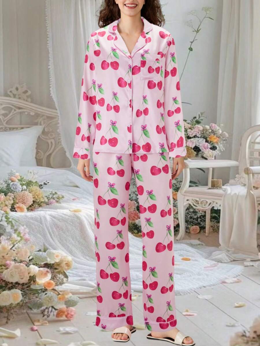 Womens Satin Silk Pajama Set Floral Fruit Cherry Print Long Sleeve Button-Up Tops Elastic Waist Long Pants Lounge PJs Sets 2 Piece Y2K Loungewear Cute Soft Comfy Sleepwear Jammies - 粉色 - 查看 1
