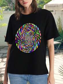 3D Vortex Print Women T-Women's Shirt - Casual Crew Neck Short Sleeve Oversized Women's Tee With Geometric Pattern