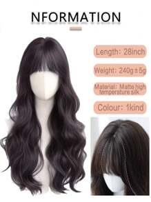 女士优雅 28 英寸长卷发合成假发，带黑棕色刘海，外观自然，适合日常使用 - 黑棕色 - 查看 5