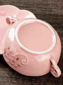 1 Set Dual-Ear Ceramic Bowls, 1 Bowl+1 Lid+1 Spoon+1 PlateFloral Pattern, Large Capacity Ceramic Plates, Soup Bowls, Salad Bowls, Noodle Bowls, Oven & Microwave , For Fruit, Pasta, Suitable For Gathering, Hot Pot, Picnic, Barbecue, Kitchen Tableware ﻿