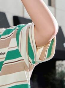 ASK JUNIOR 青少年男童夏季字母条纹撞色圆领短袖宽松休闲T恤 - 綠色 - 查看 10