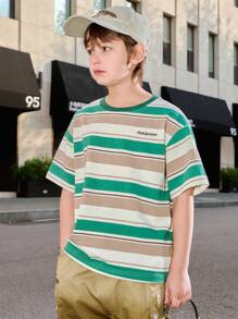 ASK JUNIOR 青少年男童夏季字母条纹撞色圆领短袖宽松休闲T恤 - 綠色 - 查看 7