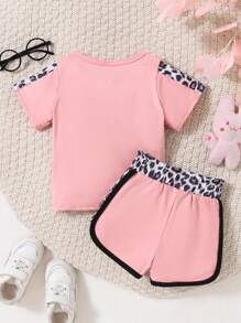 Girls' SuitSpring And Summer Patchwork Short-Sleeved T-Shirt Casual Sports Two-Piece New Baby Girl Clothing Cute - Pink - View 2