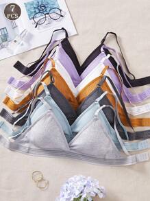 7PCS Women's Simple Casual Rib Solid Color Bra, Soft, Breathable, Wireless, Comfortable At Home Style Bra Underwear. - 彩色 - 查看 2