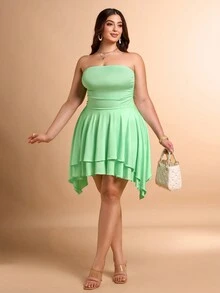 Curvy Boutique New Spring And Summer Plus Size Women's Casual Dating Elegant Vacation Comfortable Halterneck Double Layer Ruffle Asymmetrical Hem Light Green Short - Green - View 3