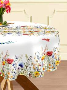 1pc 152*152cm Round Tablecloth With Wild Flowers & Green Grass, Soft Peach Velvet Spring Watercolor Floral Tablecloth, Spring Dining Table Party Tablecloth Decor, Party Decoration Tablecloth, Kitchen Decor Table Runner, Room Decor Table Runner, Home Decor Tablecloth Set, Spring Party Gift - Wildflowers Green Grass Round - View 7
