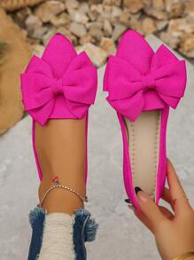 New Pointy Toe Flat Canvas Slip-On Shoes, Fashion Rose Red Bow Decor, Low Vamp, Casual Wear, Plus Size 35-45, Lightweight & Comfortable Flats For Women, Spring/Autumn - 玫紅色 - 查看 2