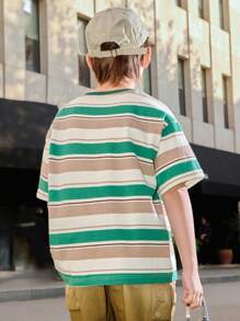 ASK JUNIOR 青少年男童夏季字母条纹撞色圆领短袖宽松休闲T恤 - 綠色 - 查看 6