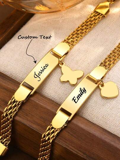 1pc Personalize Name Girl Bracelets, Customized 18k Gold Plated Stainless Mesh Chain Steel Bar ID Bracelet, Gold Jewelry, Beach Girl Accessories, With Butterflies And Small Hearts, Chunky Jewelry