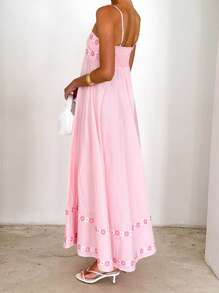 Women's Summer Spaghetti Strap Floral Boho Maxi Dress 3D Flower Sleeveless Backless Flowy Long Dress