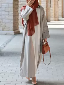 1pc Modest Women Abaya With Heart Embroidery, Solid Gray, Suitable For Spring & Autumn Daily Wear - Grey - View 1