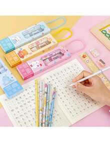 1set Cartoon Stationery Set, (Pencil, Eraser, Ruler, Pencil Sharpener), Portable School Supplies, Gifts, Giveaways Ruler, Pencil Sharpener, Cute Packaging, 5-In-1 Handheld Design, Back To School,Perfect For School, Student Rewards, Party Favors