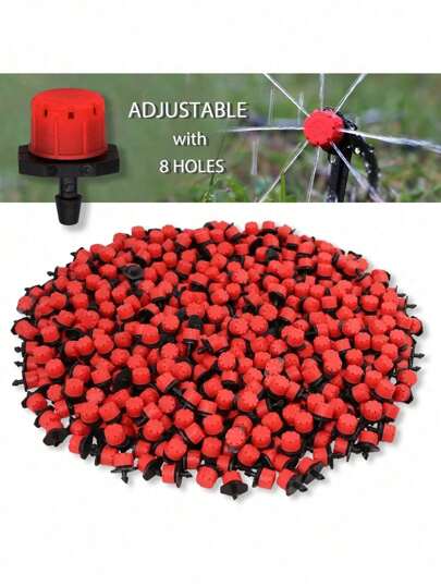 50/100/500入組1/4''插頭紅色可調節噴嘴，適用於園藝澆水灌溉噴霧器洗滌器，流量為0-80升/小時，適用於庭院溫室使用