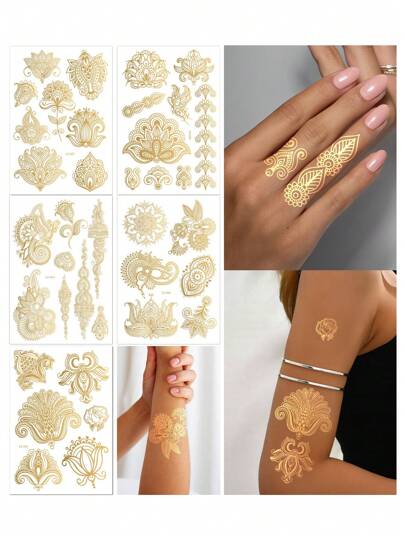 5pcs Temporary Metallic Gold Tattoo Sticker Set - Vintage Floral Henna Designs, Waterproof Body Art Stickers For Arms, Back, Full Body Decoration