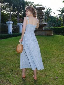 Women Ditsy Floral High Slit Strap Dress - Blue - View 6