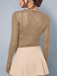 Y2K 弹力透视长袖圆领修身T恤