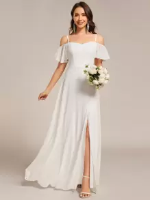 EVERPRETTY Fall Gentle Elegant Off-Shoulder Maxi Chiffon White Bridesmaid Dress For Wedding Graduation