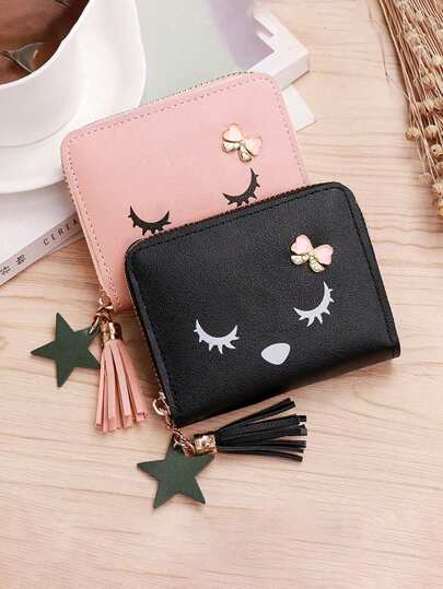 1pc Fashionable Cute Cat Tassel Multifunctional Short Girl/Girls Wallet, Minimalist Handheld Card Holder, Portable